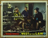 4c951 WEST OF THE LAW movie lobby card '42 Buck Jones, great image of cowboys w/printing press!