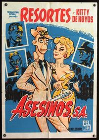 4e109 ASESINOS S.A. Mexican poster '57 great art of smoking Resortes twirling gun with sexy babe!