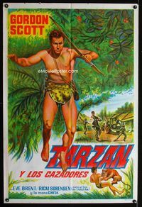 4e086 TARZAN & THE TRAPPERS Argentinean poster '58 full-length art of Gordon Scott in loincloth!