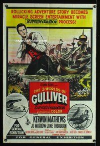 4d323 3 WORLDS OF GULLIVER Australian 1sh '60 great different art from Ray Harryhausen classic!