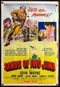 4d377 SANDS OF IWO JIMA Australian 1sh '50 great different art of World War II soldier John Wayne!