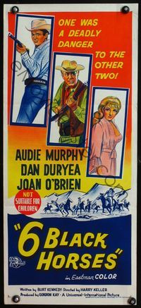 4d416 6 BLACK HORSES Aust daybill '62 great different art of Audie Murphy, Duryea, Joan O'Brien!