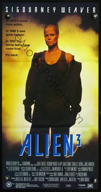 4d424 ALIEN 3 Australian daybill poster '92 close up image of bald Sigourney Weaver, sci-fi sequel!