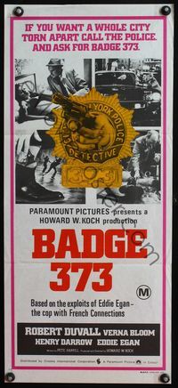 4d438 BADGE 373 Australian daybill '73 Robert Duvall is a tough New York cop, cool badge design!