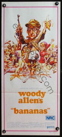 4d439 BANANAS Australian daybill '71 great artwork of Woody Allen by E.C. Comics artist Jack Davis!
