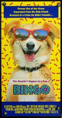 4d457 BINGO Australian daybill poster '91 great wacky image of dog with sunglasses in Hollywood!