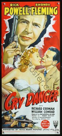 4d514 CRY DANGER Aust daybill '51 great film noir stone litho art of Dick Powell & Rhonda Fleming!