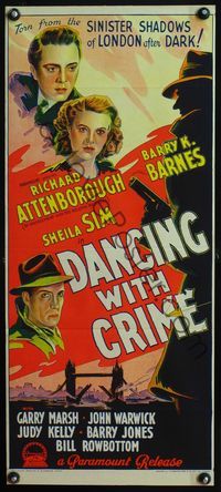 4d518 DANCING WITH CRIME Australian daybill poster '47 cool art of Richard Attenborough, Sheila Sim!