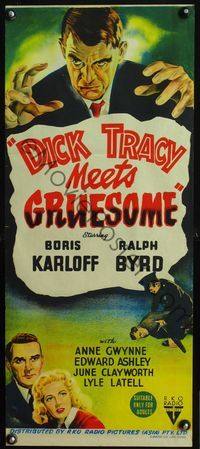 4d538 DICK TRACY MEETS GRUESOME Aust daybill '47 great artwork of Boris Karloff looming over title!