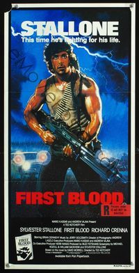 4d573 FIRST BLOOD Aust daybill '82 artwork of Sylvester Stallone as John Rambo by Drew Struzan!