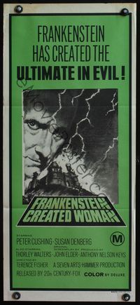 4d587 FRANKENSTEIN CREATED WOMAN Aust daybill '67 Peter Cushing has created the ultimate in evil!