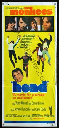 4d629 HEAD Australian daybill '68The Monkees, Peter Tork, Davy Jones, Micky Dolenz, Michael Nesmith