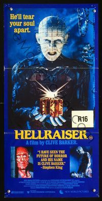 4d632 HELLRAISER Aust daybill '87 Clive Barker, great image of Pinhead, he'll tear your soul apart!