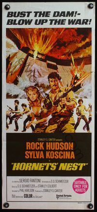 4d644 HORNETS' NEST Australian daybill movie poster '70 Rock Hudson, cool artwork of exploding dam!