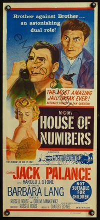 4d648 HOUSE OF NUMBERS Australian daybill '57 great art of two Jack Palances & sexy Barbara Lang!