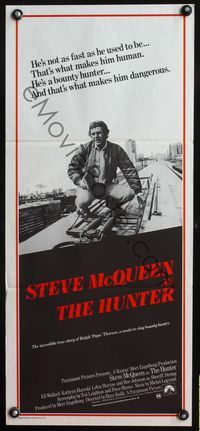 4d658 HUNTER Australian daybill '80 great image of bounty hunter Steve McQueen on top of train!