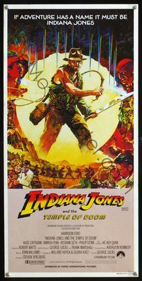 4d667 INDIANA JONES & THE TEMPLE OF DOOM Vaughan art style Aust daybill '84 really cool artwork of Harrison Ford!