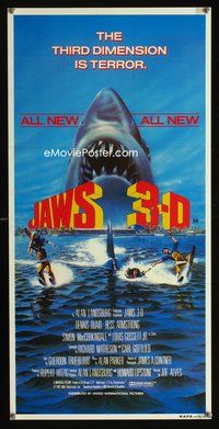 4d678 JAWS 3-D Australian daybill '83 great Gary Meyer shark artwork, the third dimension is terror!