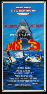 4d679 JAWS 3-D Australian daybill movie poster '83 Great White Shark horror, cool Gary Meyer art!