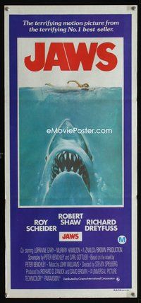 4d676 JAWS Aust daybill '75 art of Steven Spielberg's classic man-eating shark attacking swimmer!