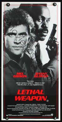 4d706 LETHAL WEAPON Aust daybill '87 great close image of cop partners Mel Gibson & Danny Glover!