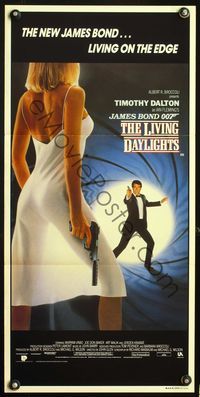 4d710 LIVING DAYLIGHTS photo Aust daybill '87 Timothy Dalton as James Bond & sexy Maryam d'Abo w/gun