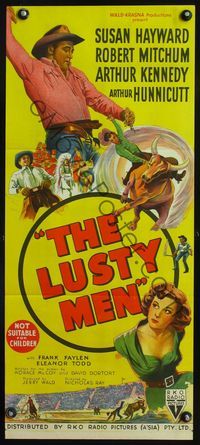 4d722 LUSTY MEN Australian daybill movie poster '52 art of cowboy Robert Mitchum & Susan Hayward!