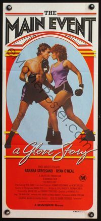 4d730 MAIN EVENT Australian daybill '79 great image of Barbra Streisand boxing with Ryan O'Neal!