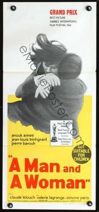 4d732 MAN & A WOMAN Australian daybill poster '66 Claude Lelouch, Anouk Aimee, Un homme et une femme