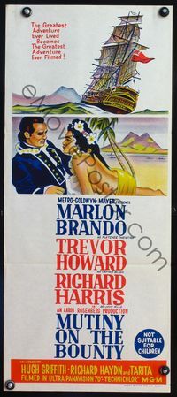 4d761 MUTINY ON THE BOUNTY Australian daybill '62 art of Marlon Brando & native girl, cool ship!