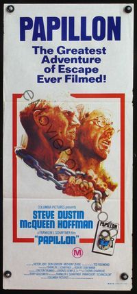 4d790 PAPILLON Australian daybill '73 great art of Steve McQueen & Dustin Hoffman by Tom Jung!