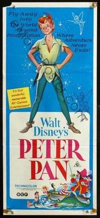 4d795 PETER PAN Aust daybill R74 Walt Disney cartoon fantasy classic, where adventure never ends!