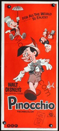 4d801 PINOCCHIO Aust daybill R70s Disney classic cartoon about a wooden boy who wants to be real!