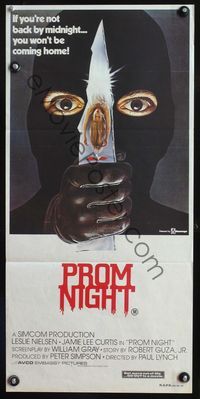 4d810 PROM NIGHT Australian daybill '80 Jamie Lee Curtis won't be coming home, wild horror art!