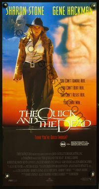 4d812 QUICK & THE DEAD Australian daybill '95 great image of sexy cowgirl Sharon Stone with gun!