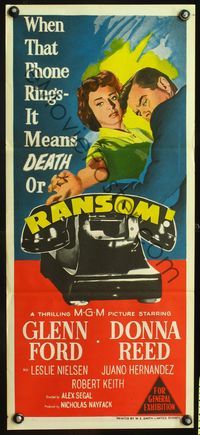 4d821 RANSOM Aust daybill '56 cool art of Glenn Ford & Donna Reed waiting for call from kidnapper!