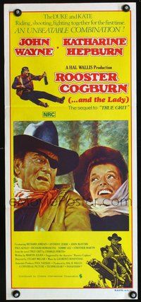 4d842 ROOSTER COGBURN Australian daybill poster '75 great art of John Wayne & Katharine Hepburn!
