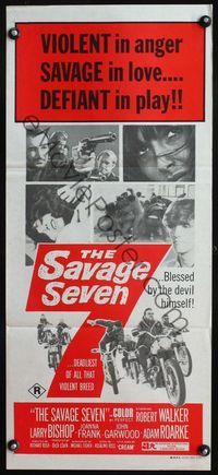 4d852 SAVAGE SEVEN Australian daybill '68 bad bikers, savage in love, blessed by the devil himself!