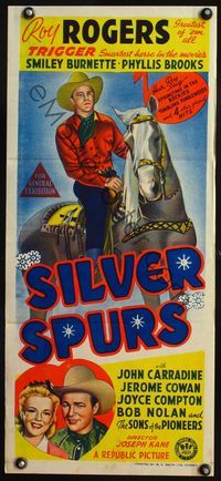 4d862 SILVER SPURS Australian daybill poster '43 great different art of Roy Rogers riding Trigger!