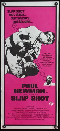 4d867 SLAP SHOT Australian daybill movie poster '77 hockey, great image of Paul Newman in fight!