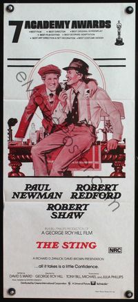 4d901 STING red style Australian daybill poster '74 artwork of con men Paul Newman & Robert Redford!