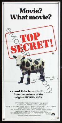 4d936 TOP SECRET Australian daybill poster '84 Val Kilmer in Zucker Bros. James Bond spy spoof!
