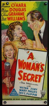 4d966 WOMAN'S SECRET Aust daybill '49 cool art of Maureen O'Hara, Melvyn Douglas, & Gloria Grahame!