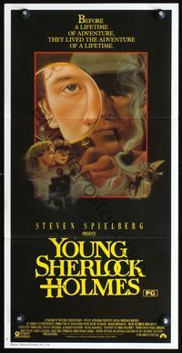 4d976 YOUNG SHERLOCK HOLMES Aust daybill '85 Steven Spielberg, Nicholas Rowe, cool detective art!