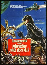 4d091 DESTROY ALL MONSTERS German poster '71 Kaiju Soshingeki, cool art of Godzilla, King Gidorah!
