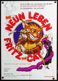 4d221 NINE LIVES OF FRITZ THE CAT German movie poster '74 Robert Crumb, cool art of mangy cat!