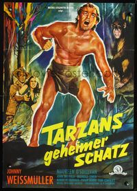 4d266 TARZAN'S SECRET TREASURE German poster '61 really cool art of Johnny Weissmuller w/knife!
