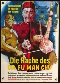 4d284 VENGEANCE OF FU MANCHU German '67 cool art of Asian villain Christopher Lee, tortured woman!