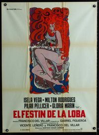 4e121 EL FESTIN DE LA LOBA Mexican movie poster '72 great wild artwork of naked feral woman & wolf!