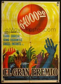 4e122 EL GRAN PREMIO Mexican poster '58 art of many hands reaching for $64,000 balloon by Cacho!
